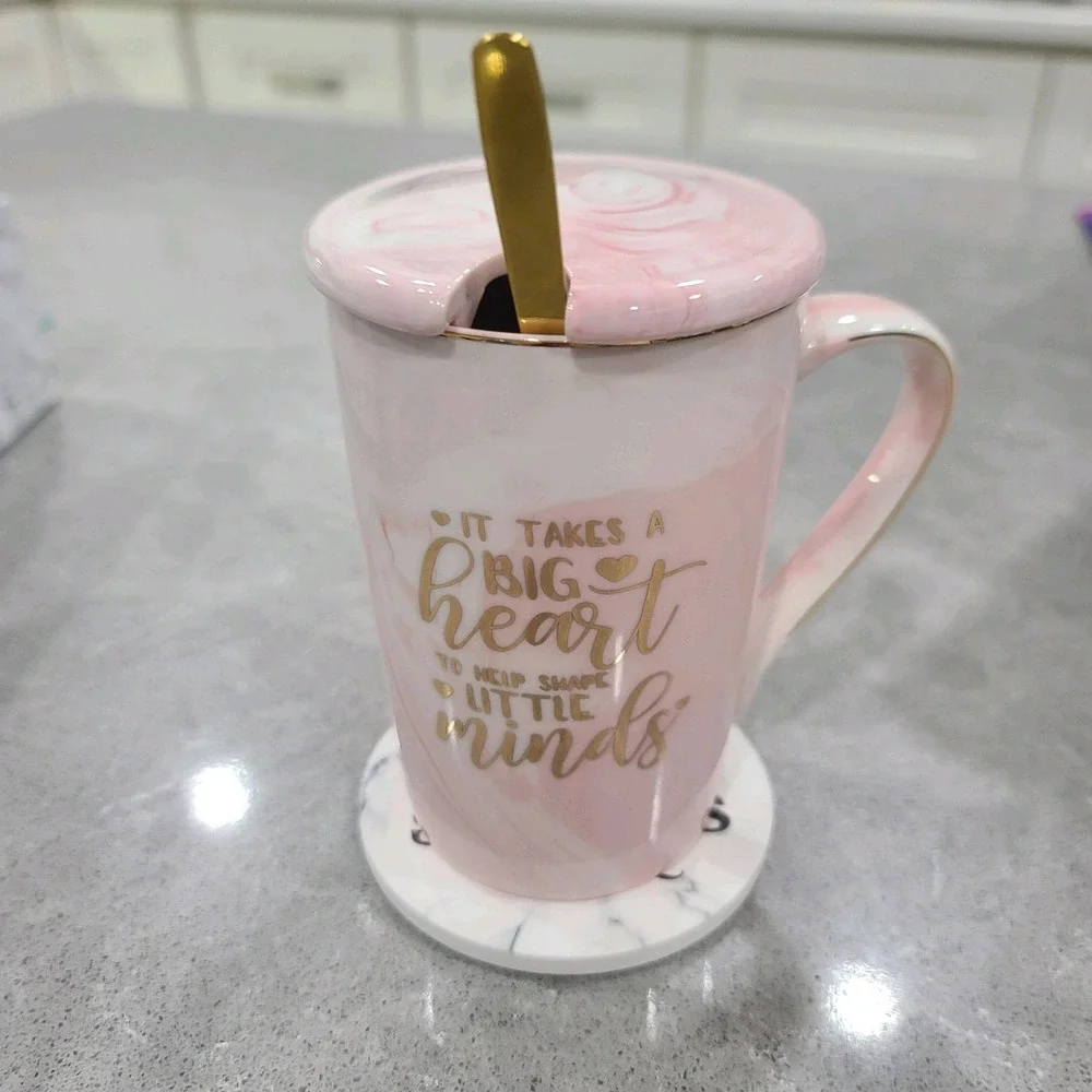 New Duo Present Of Star Teacher Gift Pink & Gold Coffee Mug W/Stirrer & Coaster